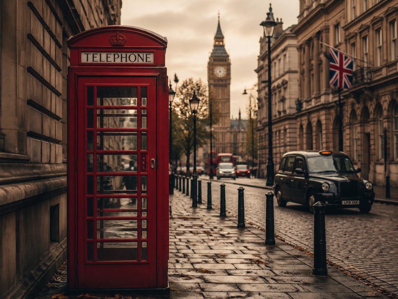 A red telephone box on a classic London street with Big Ben beyond